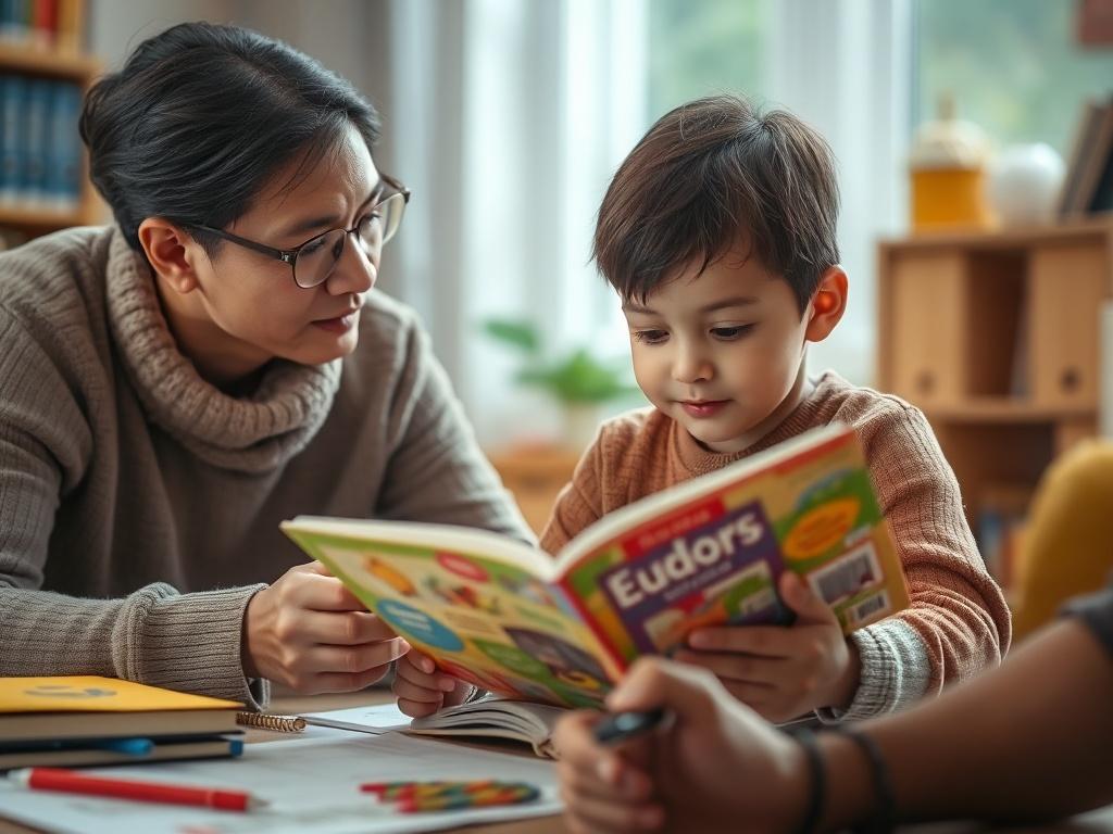 A close-up shot of a child engaged in a one-on-one reading session with a mentor, showcasing a warm and inviting atmosphere. The mentor is attentively guiding the child through a colorful book, with educational materials scattered around. The background is softly blurred, creating a focus on the interaction. The image captures the essence of personalized learning, confidence-building, and the joy of reading, with a color palette that complements the primary color #062767.