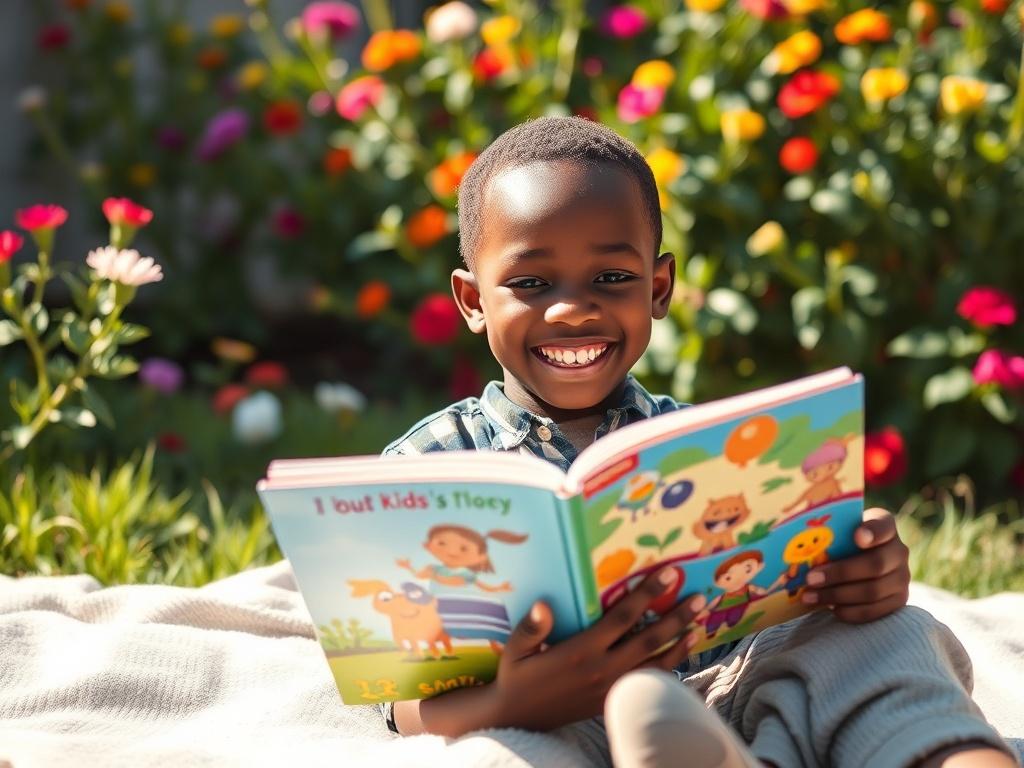 A well-cultured Nigerian boy, around 10 years old, sitting outdoors on a cozy blanket with a big smile, holding a colorful storybook confidently while reading. The background features a lush green garden with bright flowers, creating a cheerful atmosphere. The boy is dressed in casual, comfortable clothing, and the sunlight casts a warm glow on his face, emphasizing his happiness and engagement with the book.