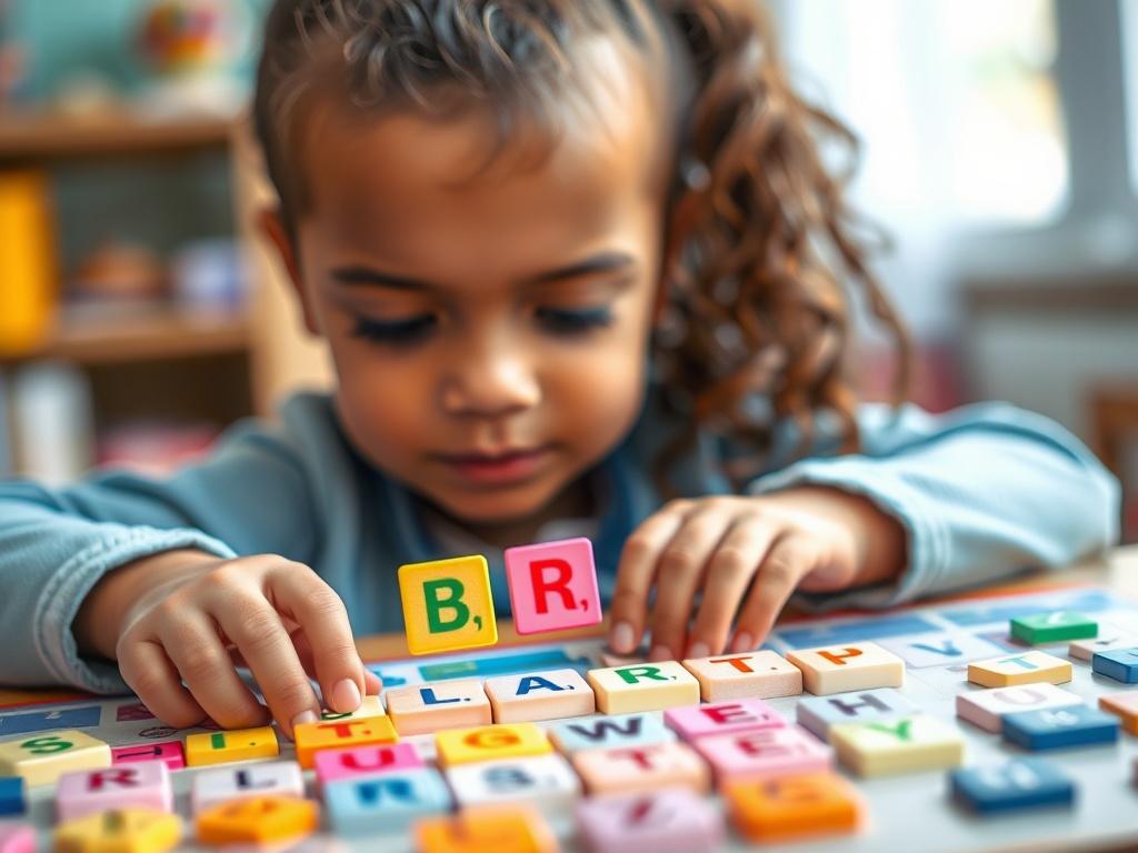 A close-up shot of a child playing a word-building game with colorful letter tiles, focusing on digraphs. The background should be vibrant and engaging, illustrating an interactive learning atmosphere.