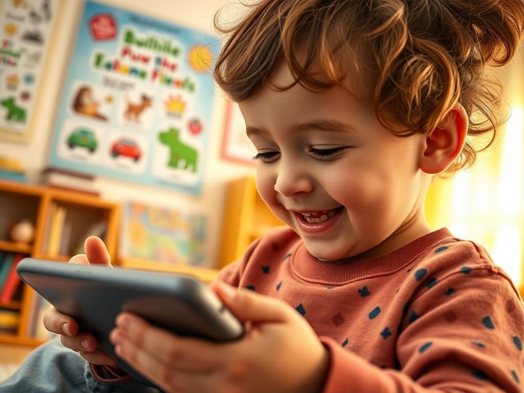 A close-up shot of a child happily engaging with a tablet, focused on learning games. The background features a cozy, brightly lit room with educational posters and bookshelves. The scene conveys a sense of excitement and readiness for learning, with warm colors and a welcoming atmosphere. The image should be hyper-realistic, shot with a 45mm f/1.2 lens, capturing the joy of early education.