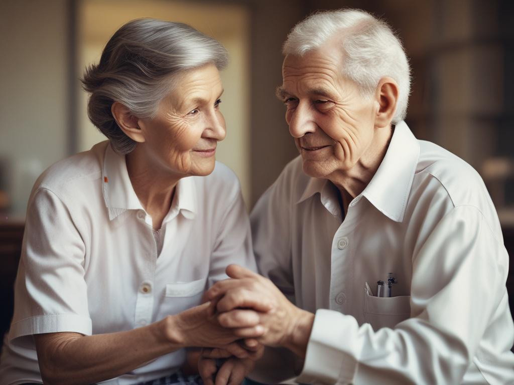 A close-up shot of a caregiver assisting an elderly person with daily activities, showcasing a warm and caring environment. The background should be softly blurred to emphasize the interaction, and the color scheme should incorporate shades of green to reflect health and wellness.