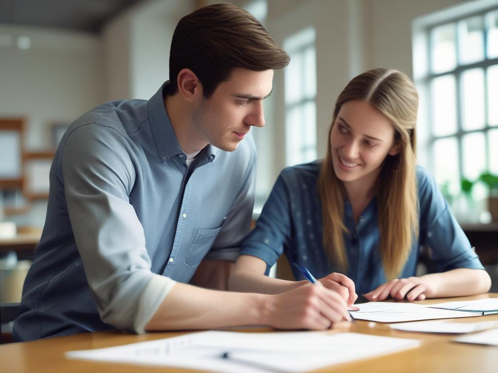 A close-up shot of a young adult with a support worker, working together on a living plan in a bright, welcoming setting. The background should be softly blurred, emphasizing their collaboration and the positive atmosphere. Incorporate green elements to symbolize growth and independence.