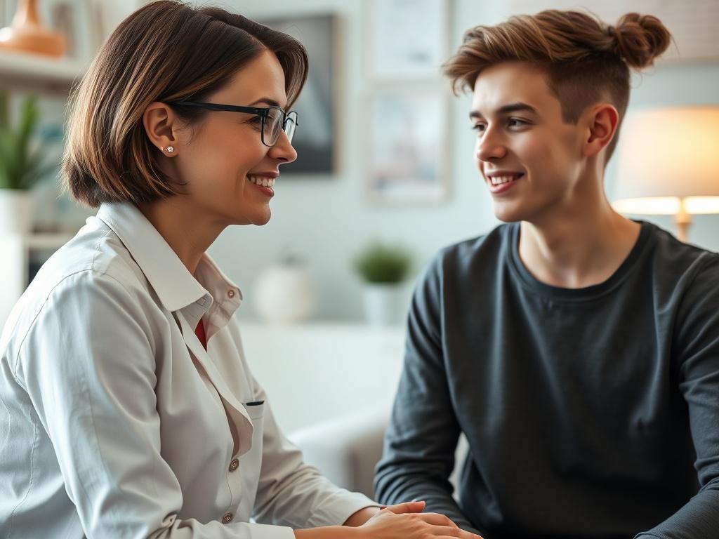 A close-up shot of a mental health professional speaking with a young adult in a comfortable office setting. The professional, a friendly woman, is attentively listening to the young adult, who appears engaged and at ease. The background features calming colors and soft decor, creating an inviting atmosphere. The image should convey a sense of trust and support in a therapeutic environment.