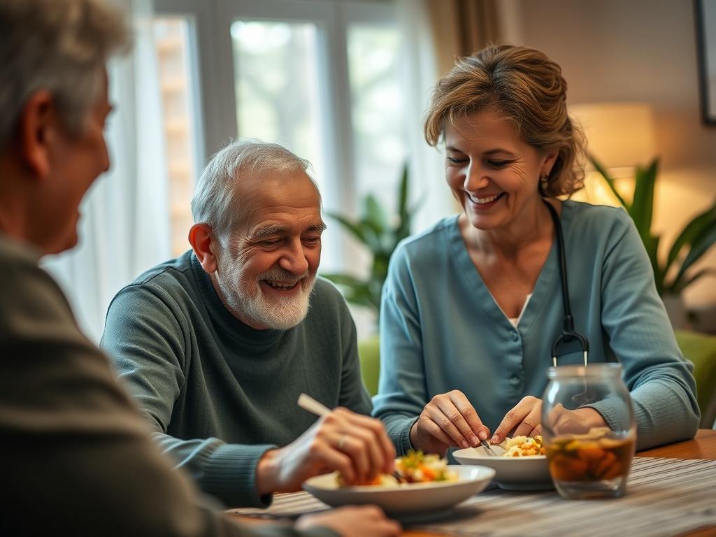 A close-up shot of a caregiver assisting an elderly person in their home. The caregiver, a middle-aged woman with a warm smile, is helping the elderly man, who looks content and comfortable, with a meal at a dining table. The background features a cozy home setting with soft lighting and plants, emphasizing a sense of care and comfort. The image should capture the genuine connection between the caregiver and the recipient.