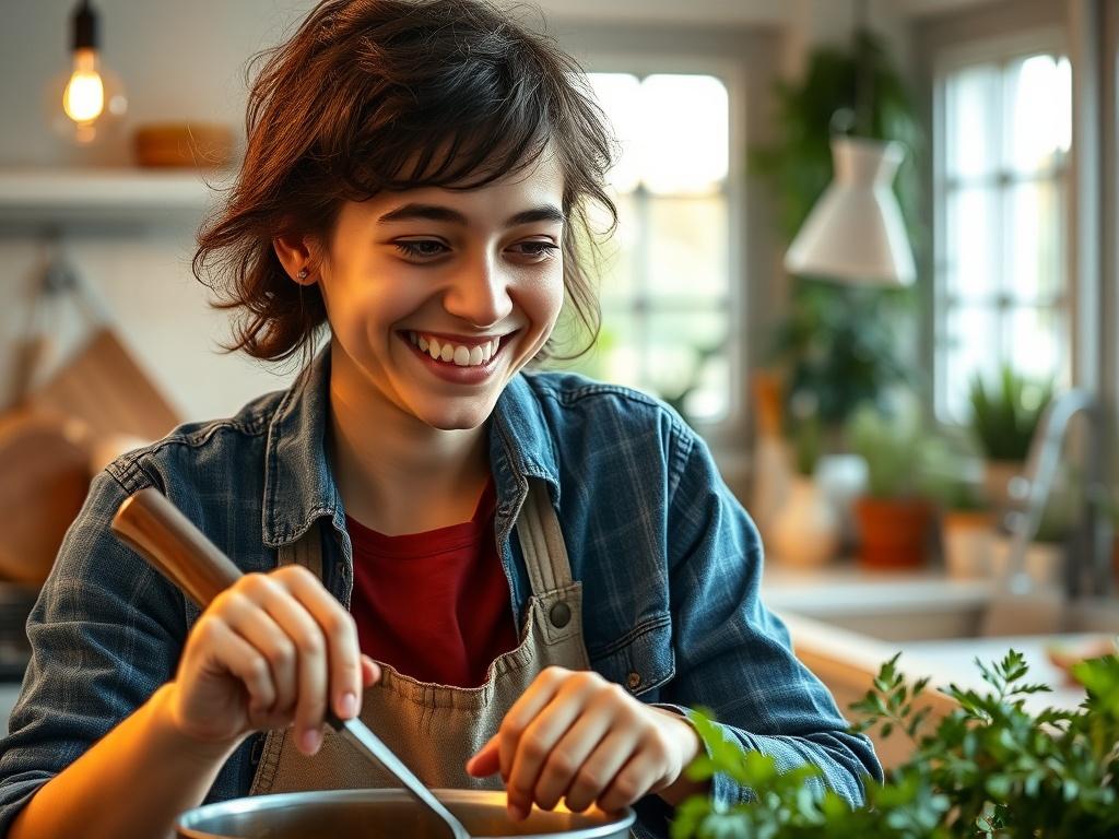 A close-up shot of a young adult happily engaging in a daily living activity, such as cooking or gardening, in a well-lit, inviting home environment. The individual appears confident and content, showcasing their independence. The background features a cozy kitchen or garden, symbolizing a supportive living situation. The image should reflect a sense of empowerment and self-sufficiency.