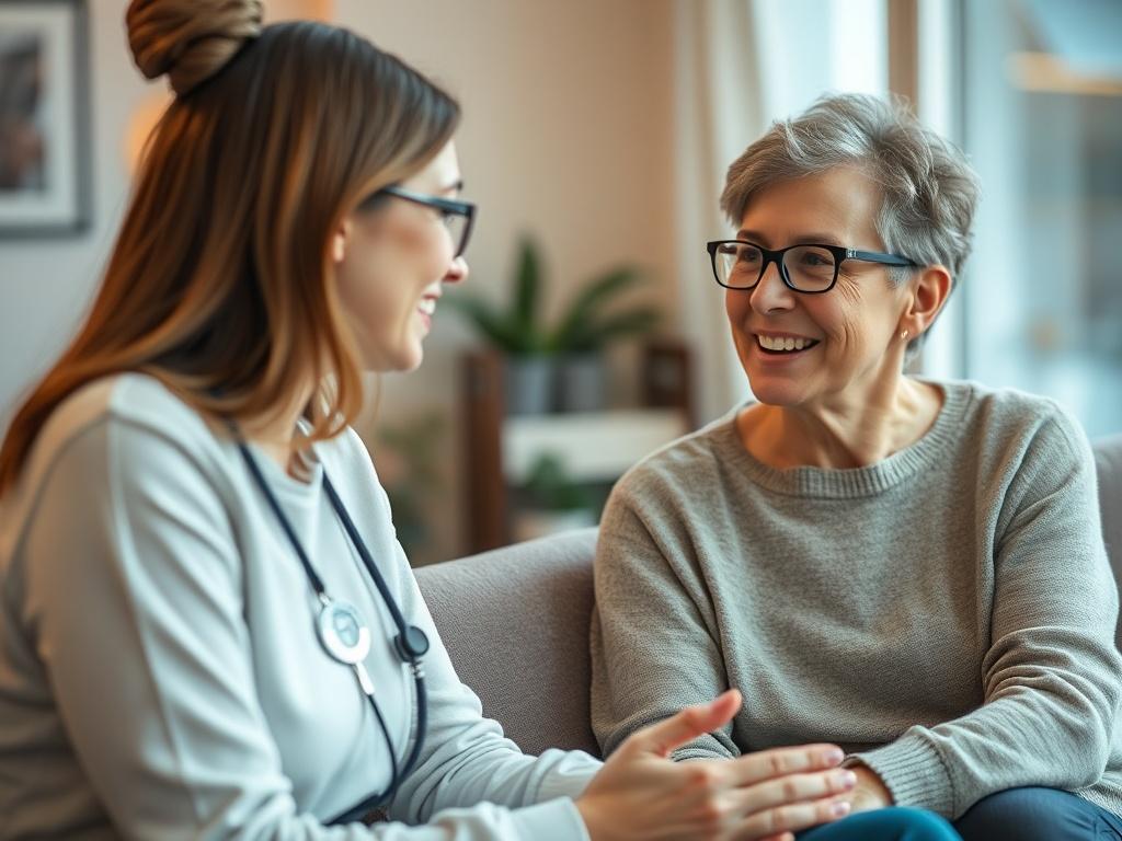 A close-up shot of a support worker engaging in a friendly conversation with a client in a cozy setting, captured with a 45mm f/1.2 lens. The atmosphere is warm and inviting, showcasing the supportive relationship. The background should be softly blurred to keep the focus on their interaction, with natural light creating a positive ambiance. The colors should resonate with the theme of mental wellness, compatible with rgb(50, 170, 39).