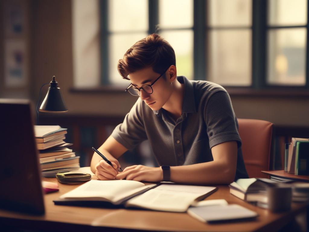An inspiring close up of a student studying with textbooks