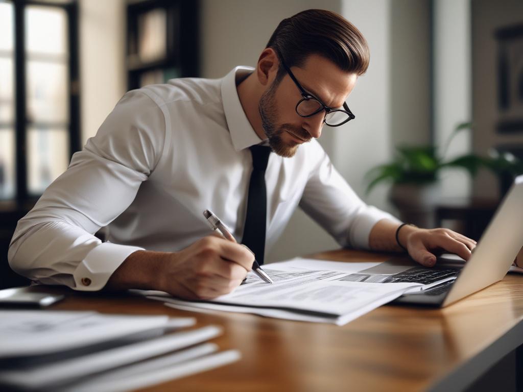 A high resolution close up of a business owner reviewing