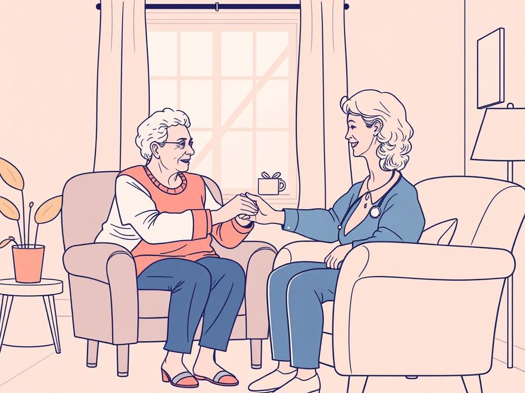 A flat line illustration of a compassionate home health aide assisting an elderly patient in a cozy home setting. The aide is gently holding the patient's hand, showcasing a caring interaction. The patient is seated comfortably in a cozy armchair with a warm expression. The background includes a simple home environment with a window allowing natural light in. The color accents should be in duotone, using a soothing palette that harmonizes with the primary color rgb(40, 93, 225). The overall composition shou