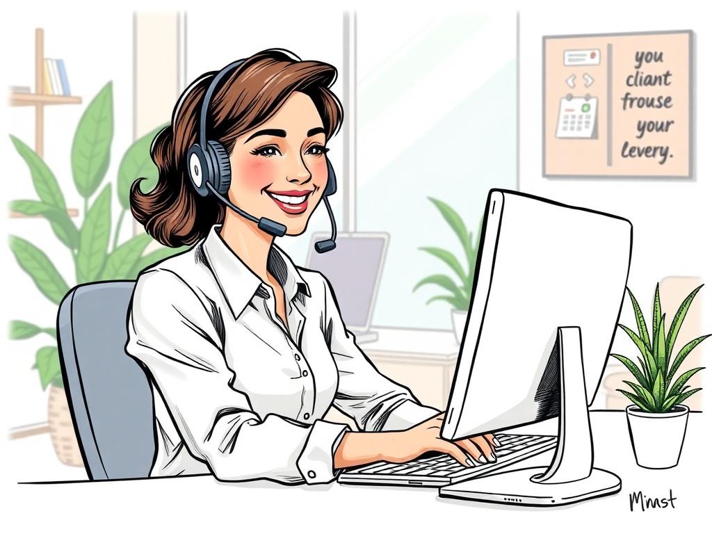 A friendly and professional customer service representative sitting at a desk with a headset on. The representative is smiling and engaging with a client over the phone, showcasing a warm and welcoming demeanor. The background features a bright and inviting office space with soft colors, plants, and motivational quotes on the wall. The overall composition should evoke a sense of trust and reliability.