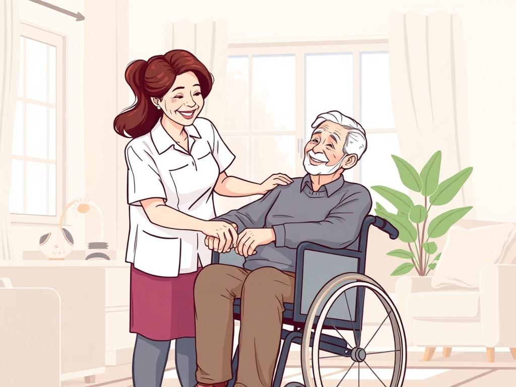 A warm and inviting illustration of a home health aide interacting positively with a patient in a cozy living room setting. The aide, a middle-aged woman with a caring expression, is assisting an elderly man in a wheelchair, both smiling. The background features soft furnishings, a window with natural light streaming in, and a houseplant, creating a homey atmosphere. The color scheme should be harmonious and inviting, complementing the primary color rgb(40, 93, 225).