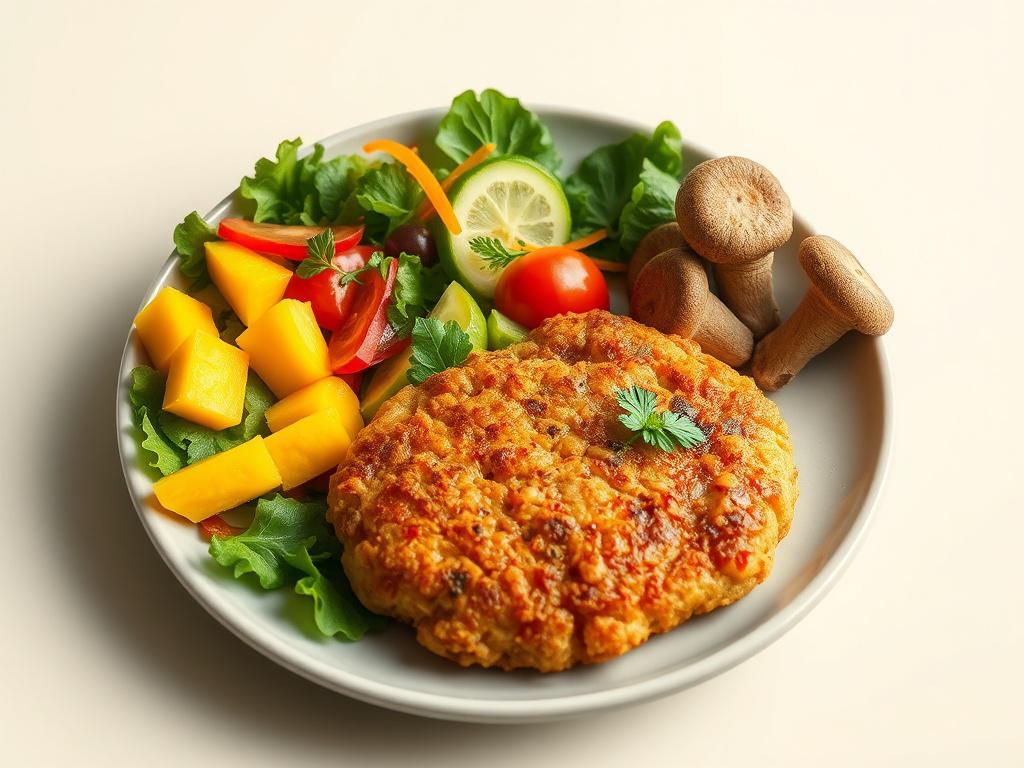A beautifully arranged Caribbean vegan plate featuring a vibrant salad with mango and cucumber, a golden Jamaican vegan patty, and a bowl of coconut curry lion's mane mushrooms. The background should be simple and clean, emphasizing the colorful, fresh ingredients, with a focus on the rich textures of the food. Use bold, vibrant colors to highlight the freshness and quality of the organic ingredients.