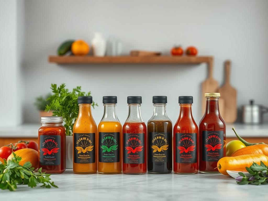 An inviting kitchen scene featuring a collection of vibrant, artisanal sauces in elegant glass bottles. The background should be minimalist and clean, with fresh herbs and colorful vegetables displayed artfully. The overall atmosphere should convey warmth and creativity, inviting viewers to explore the flavors of the Caribbean.