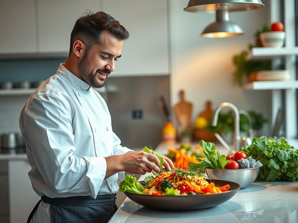 A portrait of Chef Nicholas Allman in a bright, modern kitchen, passionately preparing a colorful plant-based dish. The scene should capture the vibrancy of fresh ingredients, showcasing his culinary skills. The kitchen should have a clean and contemporary design, reflecting the essence of Vegan on the Island.