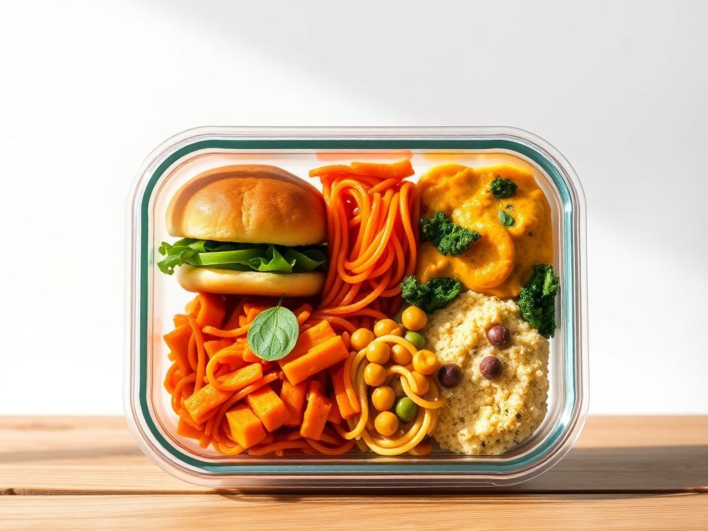 A vibrant and colorful display of a neatly arranged meal prep container with jerk jackfruit sliders, savory rasta pasta, and coconut curry chickpea & sweet potato with kale. The background is minimalistic with a clean white surface, accentuating the bold colors of the food. The meal prep container is placed on a wooden table, giving it a warm and inviting feel. The lighting is bright and natural, highlighting the freshness of the ingredients.