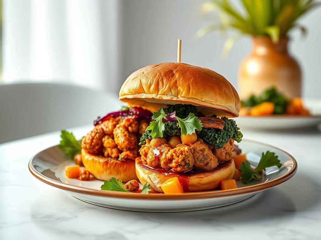 A vibrant, high resolution image of a beautifully plated vegan