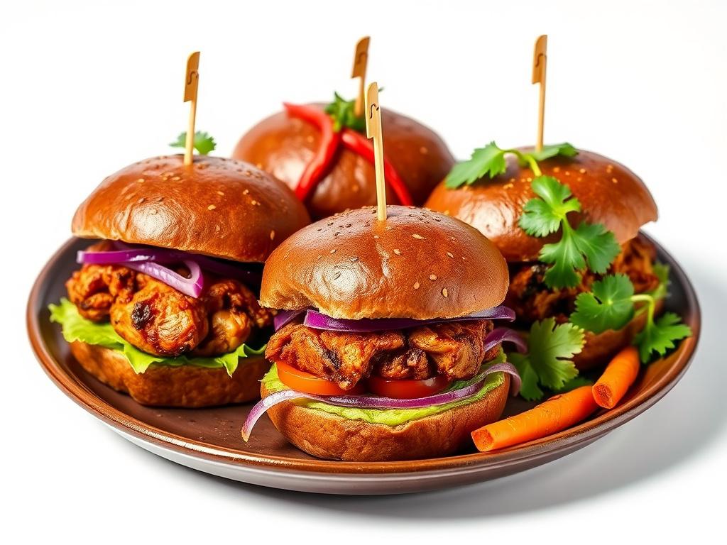 A beautifully arranged plate of jerk jackfruit sliders with vibrant