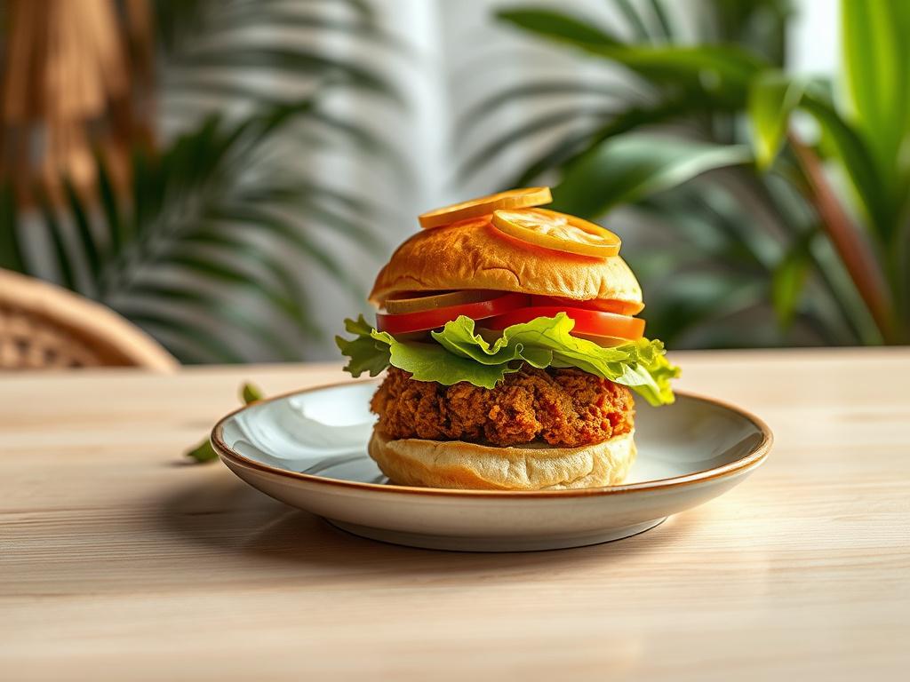 Create a realistic high-resolution photo reflecting the blog titled "Exploring the Flavors of Vegan Caribbean Cuisine." The composition should be simple and clear, featuring one striking subject: a beautifully plated dish of jerk jackfruit sliders. The sliders should be stacked neatly, with vibrant colors showcasing the fresh ingredients—tender jackfruit marinated in a rich jerk spice blend, topped with crisp lettuce, juicy tomato slices, and tangy pickles. 

The plate should be minimalist, placed on a ligh