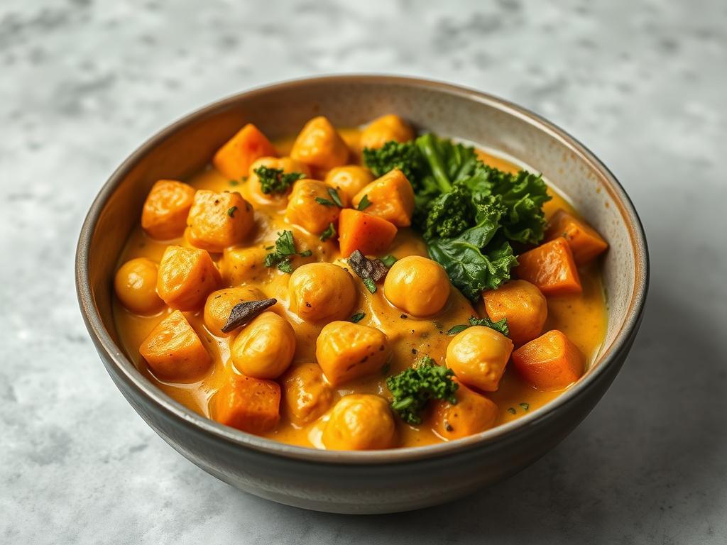 A high-resolution photo of Coconut Curry Chickpea & Sweet Potato with Kale served in a deep bowl. The dish should be vibrant, with the creamy curry sauce and colorful ingredients visible. The background should be simple and clean, highlighting the dish's appeal against a minimalistic setting.