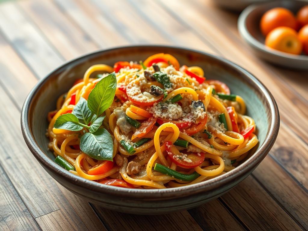 A high-resolution photo of Savory Rasta Pasta served in a rustic bowl. The pasta should be colorful, showcasing the vibrant vegetables and creamy coconut sauce. The setting should be bright and inviting, with a simple wooden table in the background to enhance the island vibe.