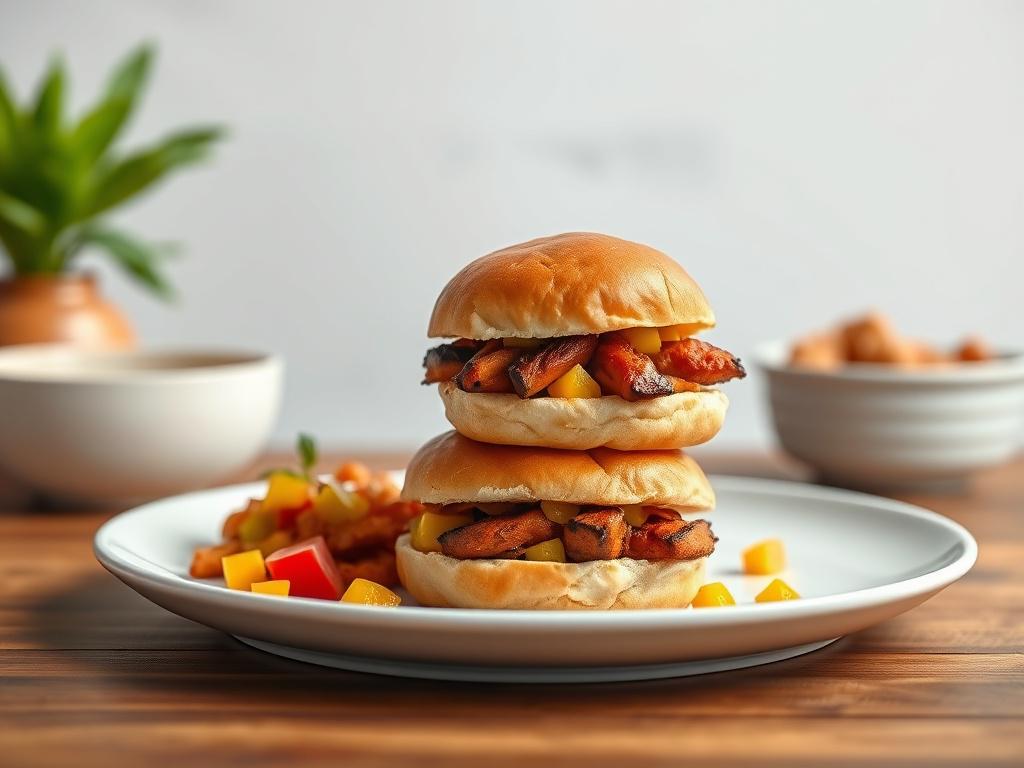 A realistic high-resolution photo of Jerk Jackfruit Sliders on a clean white plate. The sliders should be stacked, showcasing the vibrant colors of the grilled jackfruit and mango salsa. The background should be minimalistic, with a soft focus to emphasize the food. The primary color rgb(4, 128, 50) can be subtly incorporated in the plate or table setting.
