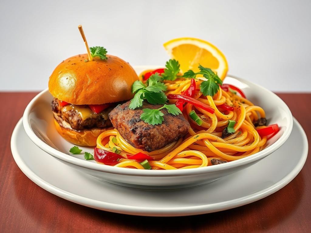 A vibrant, high-resolution photo of a beautifully plated Caribbean-inspired dish, featuring jerk jackfruit sliders and savory rasta pasta. The dish should be garnished with fresh herbs and colorful vegetables, showcasing the rich textures and vivid colors. The background should be minimalistic with clean lines, emphasizing the dish as the main focus. Use bold vibrant colors that reflect the essence of Caribbean cuisine, compatible with the rgb(115, 212, 17) primary color.