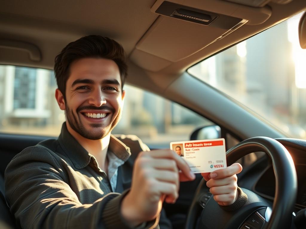A close-up shot of a confident driver smiling inside a modern car, showcasing their Auto Insurance card on the dashboard. The background is a blurred cityscape with bright sunlight filtering through, highlighting the sense of safety and preparedness. The image should be realistic and high-resolution, focusing on the emotions of security and peace of mind.