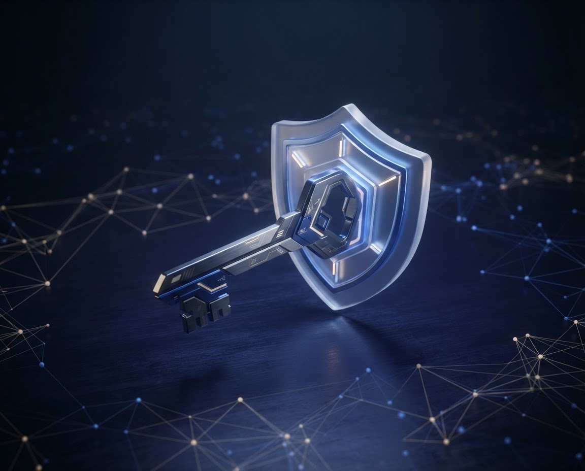 A metallic key and translucent shield against a dark network