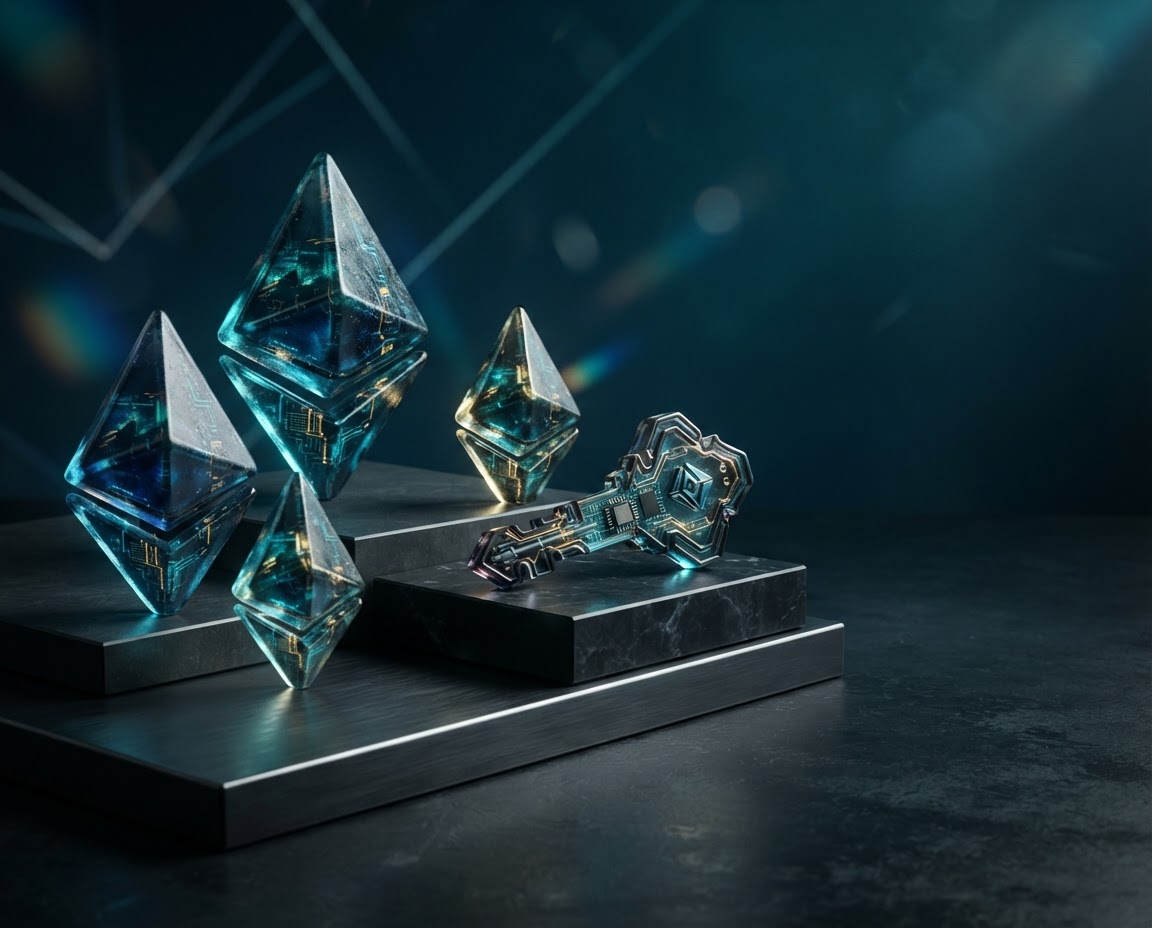 Sculptural geometric tokens and a digital key