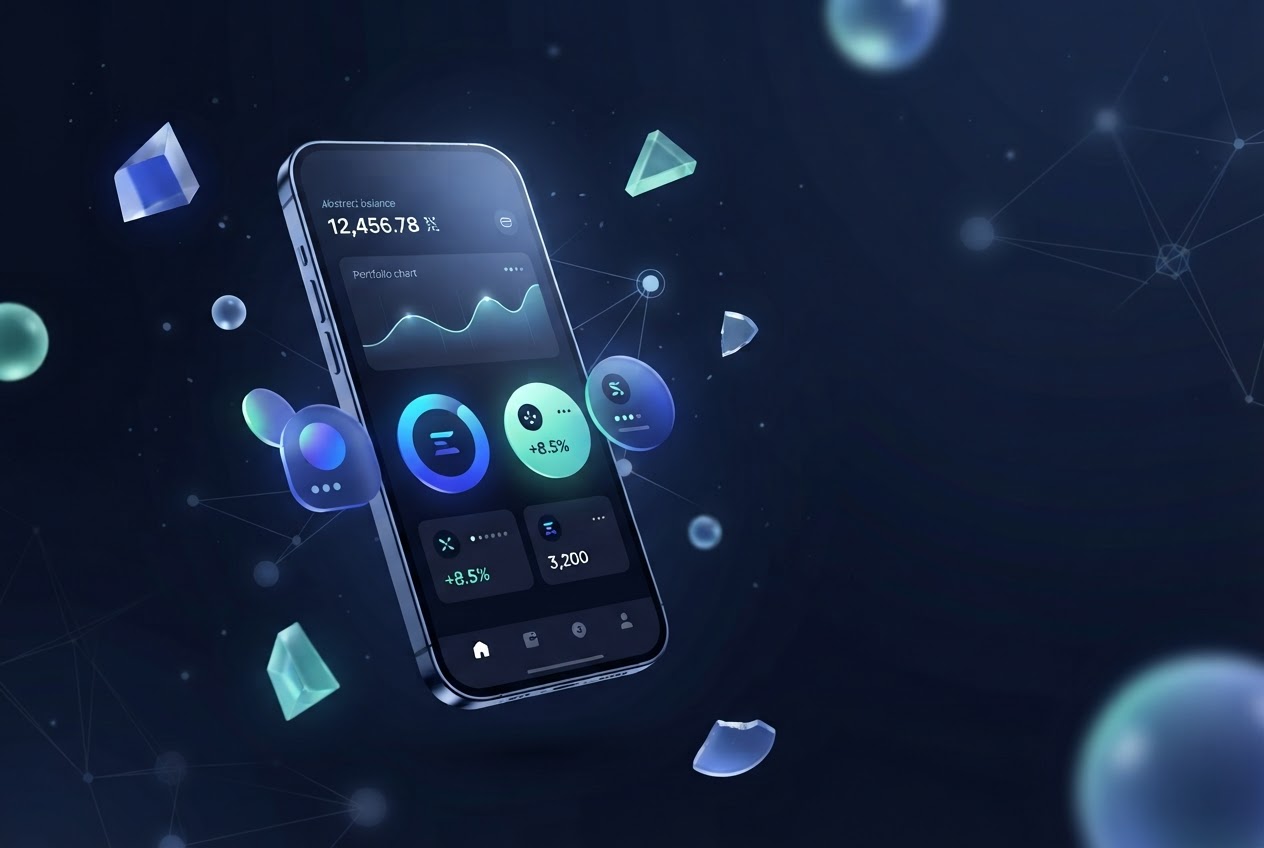 A smartphone wallet surrounded by abstract blockchain forms