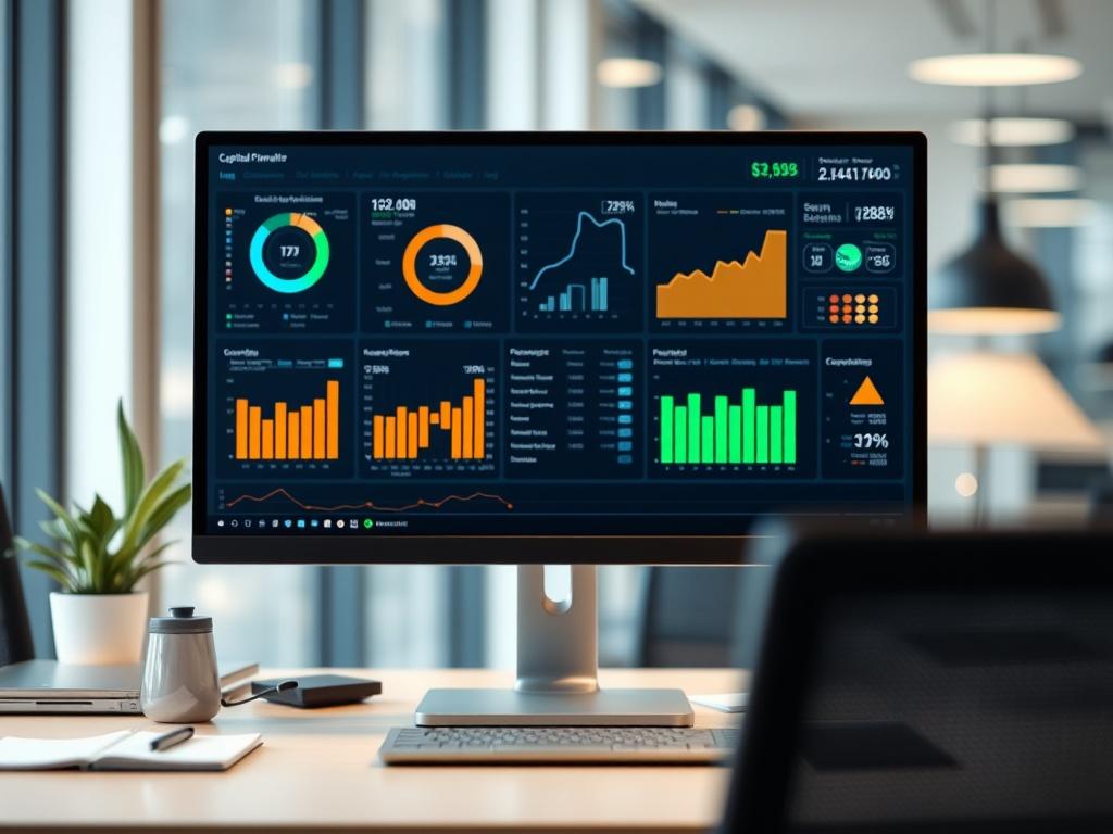 A realistic high-resolution photo of a computer screen displaying an interactive capital optimization dashboard filled with graphs and analytics. The setting should be a modern office environment with a professional tone.
