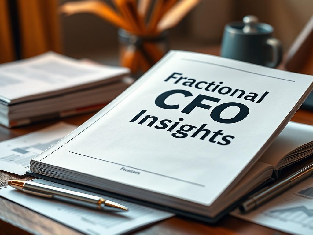 A realistic high-resolution photo of a guidebook titled 'Fractional CFO Insights' opened on a desk, with notes and a pen beside it. The background should be a cozy, inviting workspace.