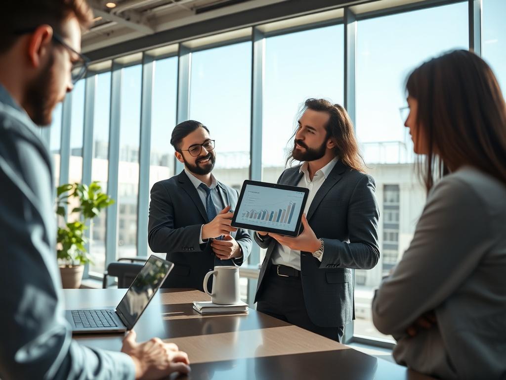 A hyper-realistic close-up shot of a professional consultant engaged in a discussion with a startup team. The scene showcases a modern office setting with a large window allowing natural light to filter in. The consultant is pointing at a digital tablet displaying financial graphs, while the team members attentively listen. The background features a sleek desk with a laptop and a few business books. The overall ambiance conveys collaboration and focus, captured with a 45mm f/1.2 lens style.