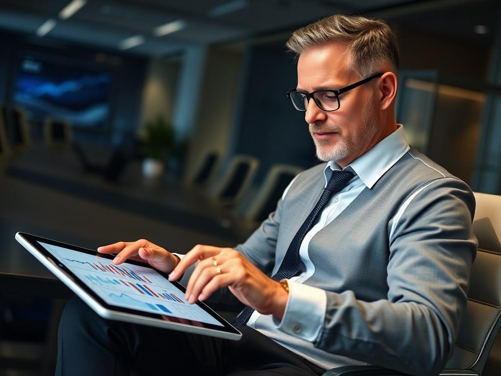 A close-up shot of a confident financial consultant reviewing charts and graphs on a digital tablet, showcasing expert financial guidance. The consultant is a middle-aged professional in formal attire, with an engaging expression, sitting at a sleek desk with a modern office background. The lighting is bright and focused, highlighting the consultant's expertise and the high-tech environment, with a color palette that complements the #1C6220 primary color.