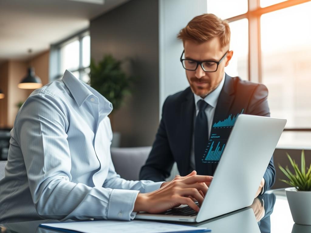 A close-up shot of a professional consultant analyzing pricing data on a laptop in a modern office setting. The consultant is focused and engaged, surrounded by charts and graphs on the screen. The background is a sleek, contemporary office space with natural light highlighting the scene, shot with a 45mm f/1.2 lens.