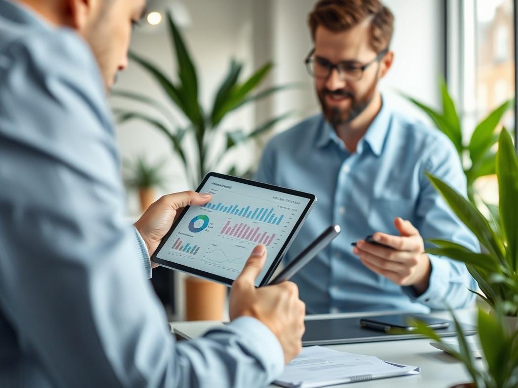 A close-up shot of a consultant discussing revenue leakage strategies with a client, using graphs and charts displayed on a tablet. The setting is a modern office with a clean aesthetic, featuring plants and natural light, shot with a 45mm f/1.2 lens.
