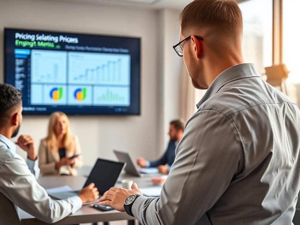 A close-up shot of a consultant presenting relationship pricing strategies to a business team in a conference room. The room is bright and modern, featuring a large screen displaying pricing models and engagement metrics, shot with a 45mm f/1.2 lens.
