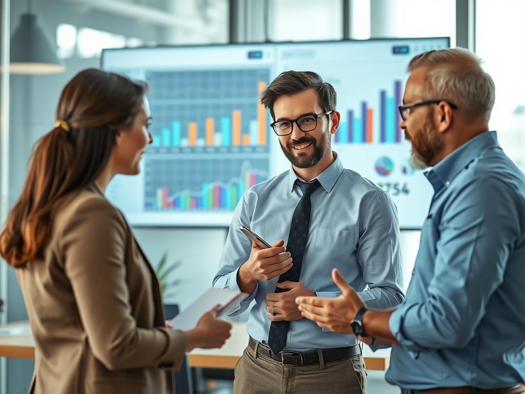 A professional financial advisor discussing pricing strategies with a startup team in a modern office setting. The image should show a diverse group of business professionals engaged in conversation, with charts and graphs displayed on a screen in the background, emphasizing collaboration and strategic thinking. The focus should be on the advisor and the team, with natural light illuminating the scene, creating a vibrant and productive atmosphere.