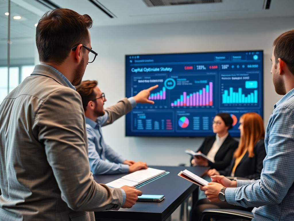 A financial advisor presenting a capital optimization strategy to a group of startup entrepreneurs in a sleek conference room. The image captures the advisor pointing at a digital financial dashboard displaying capital metrics, while the entrepreneurs listen attentively, taking notes. The setting is modern and professional, with a focus on engagement and insight sharing, highlighting the importance of capital efficiency.