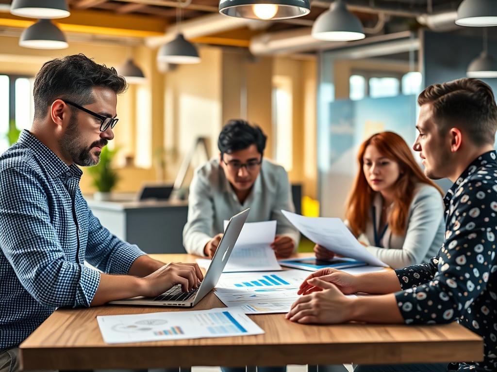 A fractional CFO collaborating with a startup's leadership team in a vibrant office space. The image showcases the CFO analyzing financial data on a laptop, while team members engage in discussion around a table filled with documents and charts. The atmosphere is dynamic and focused, reflecting teamwork and strategic planning, with a modern, professional aesthetic.