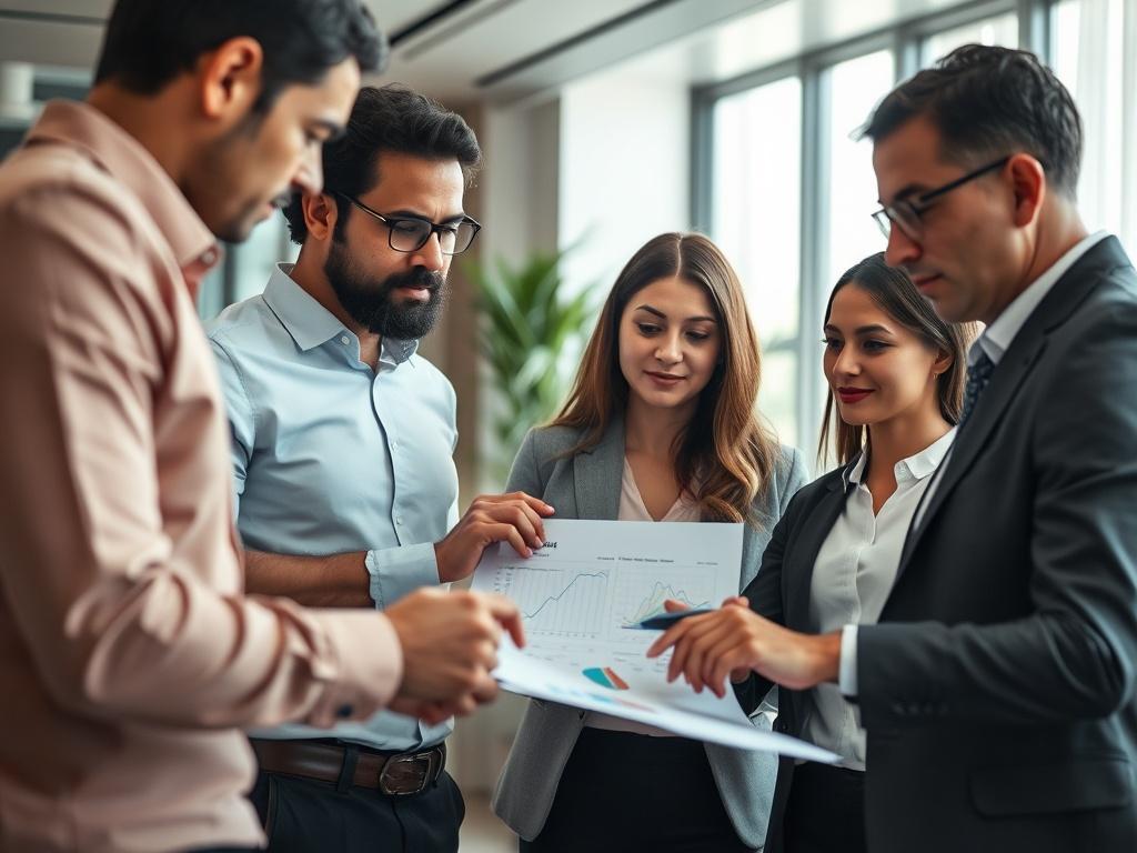 A hyper-realistic close-up shot of a pricing strategy consultation in action, featuring a diverse group of business professionals engaged in a discussion over pricing charts and graphs. The background is an elegant office space with soft natural light, emphasizing a collaborative atmosphere. The image should convey a sense of professionalism and strategy, with a depth of field effect to focus on the group.