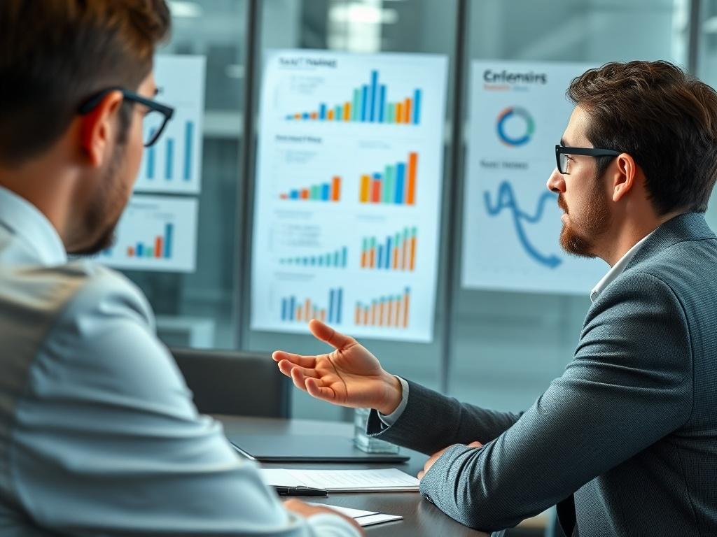 A close-up shot of a business meeting where a consultant is explaining relationship pricing strategies to a client, using a digital presentation. The background should show a collaborative environment with charts and graphs illustrating customer engagement metrics.