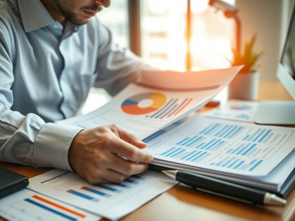 A close-up shot of a financial analyst examining a detailed report on revenue leakage, with various documents and spreadsheets spread out on a desk. The background should depict a well-lit office setting, emphasizing the analyst's concentration and the seriousness of the analysis.