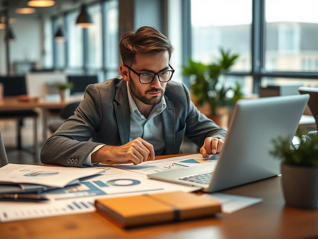 A close-up shot of a business consultant analyzing pricing data on a laptop, surrounded by charts and graphs on a desk. The background should be a modern office environment with a professional ambiance, focusing on the consultant's thoughtful expression as they strategize pricing frameworks.