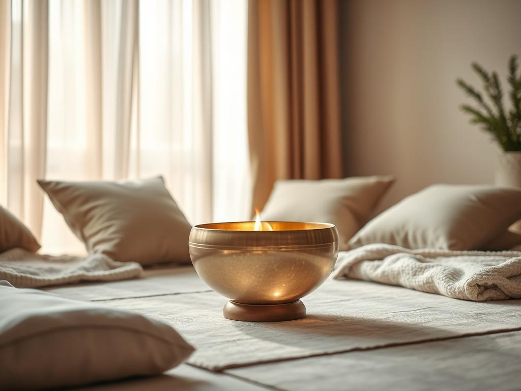 A serene sound healing space featuring a crystal singing bowl