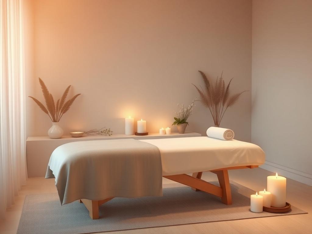 A tranquil massage room with soft lighting and calming decor