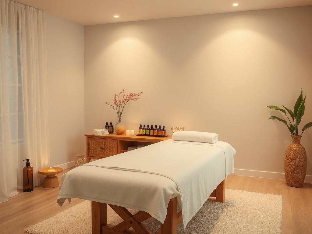 An image of a tranquil massage room with soft lighting, calming colors, and essential oils. The massage table is neatly prepared, surrounded by soft towels and decorative elements that create a peaceful ambiance.
