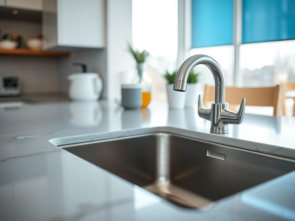 A close up shot of a sparkling clean kitchen countertop