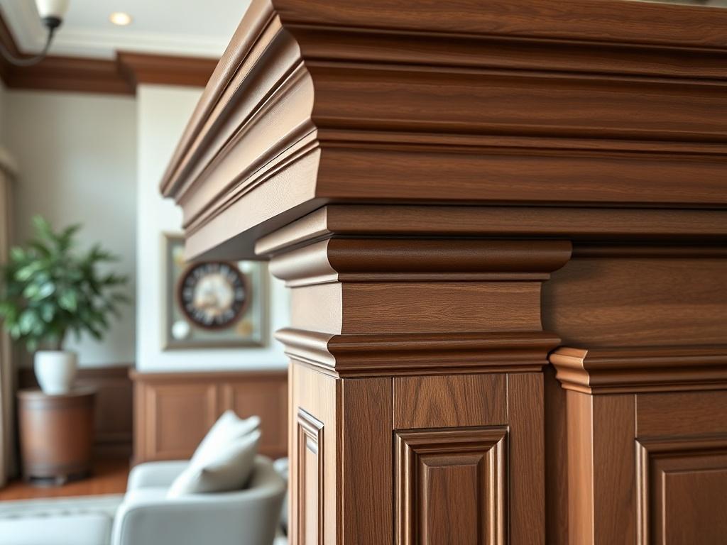 A stunning piece of custom millwork displayed in a living room. The millwork features detailed crown molding and wainscoting crafted from premium walnut wood. The design includes elegant curves and precise cuts, showcasing the skill involved in its creation. The setting is a tastefully decorated room with soft lighting enhancing the wood's natural hues. The background is subtle, focusing on the intricate details of the millwork, highlighting its quality and craftsmanship.