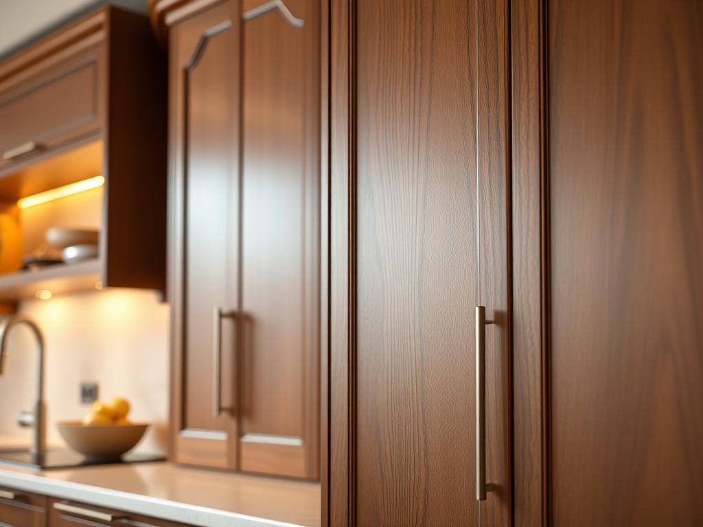 A close-up shot of elegant cabinetry in a modern kitchen. The cabinetry features intricate wood grain patterns and a polished finish, showcasing a blend of classic and contemporary design elements. The background is softly blurred to emphasize the cabinetry, with warm, inviting lighting highlighting its details. The composition is simple and clear, focusing solely on the cabinetry.